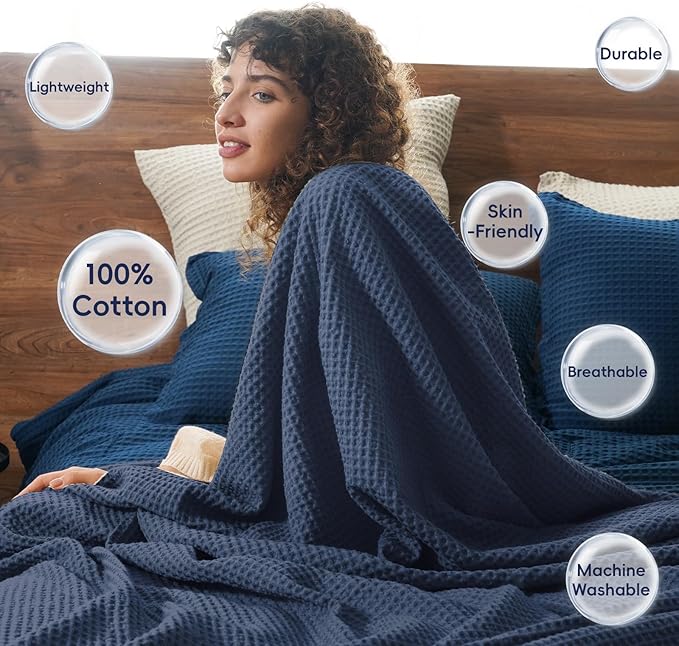 PHF 100% Cotton Waffle Weave Blanket Queen Size for Bed,Snag Proof Lightweight Breathable Moisture-wicking Throw for Couch,Great for Layering in Cold Weather,Machine Washable,Home Decor Gift-Dark Navy