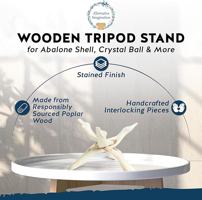 Alternative Imagination Wooden Tripod Display Stand - 8-Inch Hand Carved Holder Made from Mango Wood -Folding Natural Stand for Abalone Shell, Crystal Ball, Key Bowl,Trinket Dish, Incense,Decor & More