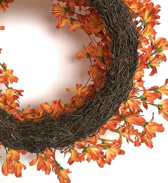 Orange Forsythia Door Wreath 24 Inch Spring Front Door Wreath Blossom Cluster Flower Farmhouse Wreath on Grapevine for Thanksgiving Festival Celebration Front Door Wall Window Decoration Home Decor