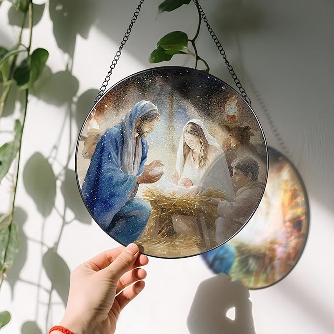 Stained Glass Suncatcher, Nativity Scene Sun Catcher Ornament; Stained Glass Window Hanging, Christmas Ornament, Christian Home Decor, Nativity Decor; Christian Gifts, Religious Gifts
