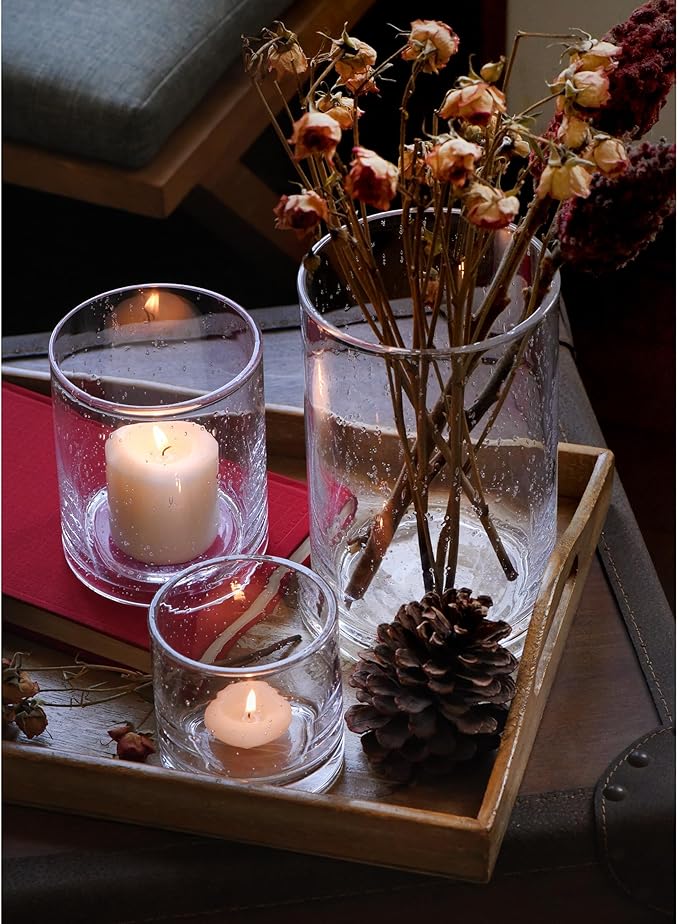 ARIAMOTION Hurricane Glass Candle Holders Set, Pillar Votive,Clear Seeded Bubbles Cylinder Vase,Modern Rustic Table Centerpieces Bulk, 3 Sizes 8 Inch 5 Inch 3.5 Inch Height