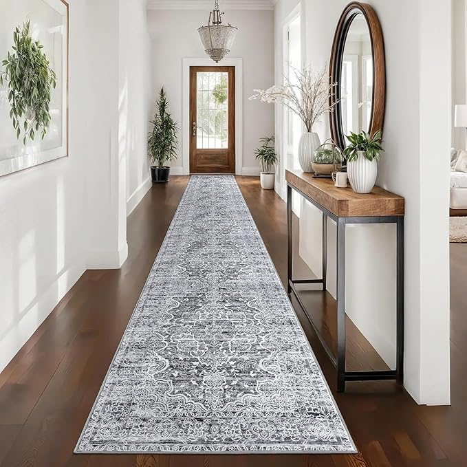 KUTA Vintage Washable Runners for Hallways 2.6x16, Non-Slip 16ft Extra Long Kitchen Runner Rug, Grey Blue White Ultra Soft Printed Floral Medallion Stair Runners Indoor for Bedroom