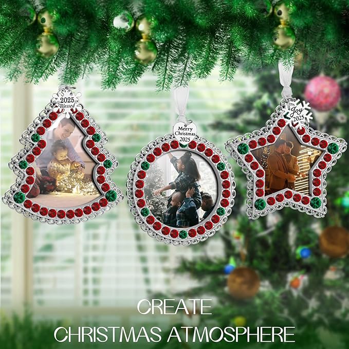 Laraine Christmas Tree Ornaments 3 Pieces – Decorative Hanging 2025 Rhinestones Pendant with Small Picture Frame Insert for Pet Holiday Keepsake Gift (Green&Red (2025))