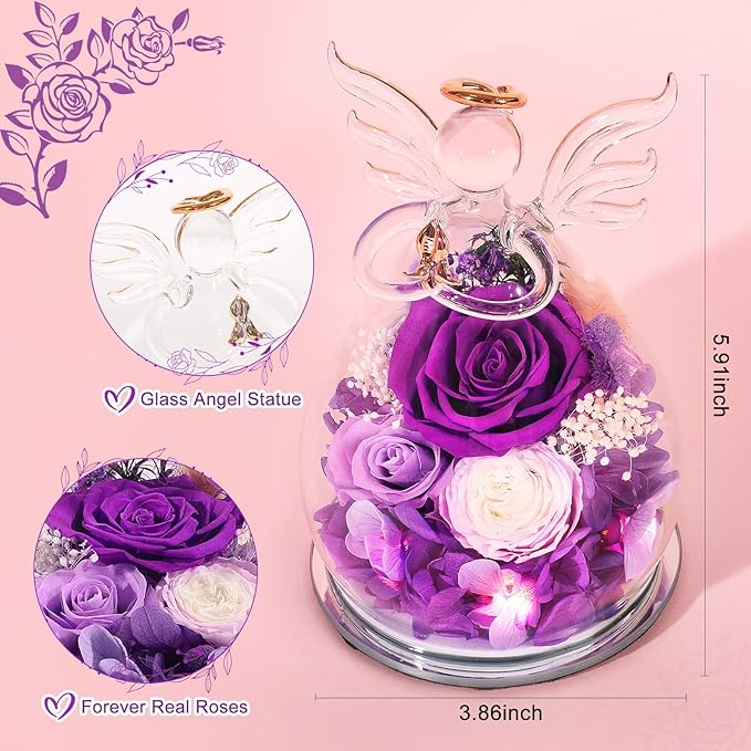 FIACO Gifts for Women Birthday Gifts for Mom Preserved Rose Forever Flower in Glass Angel Figurines Fresh Flowers for Delivery Prime Real Purple Roses for Grandma Sister Wife Her from Daughter