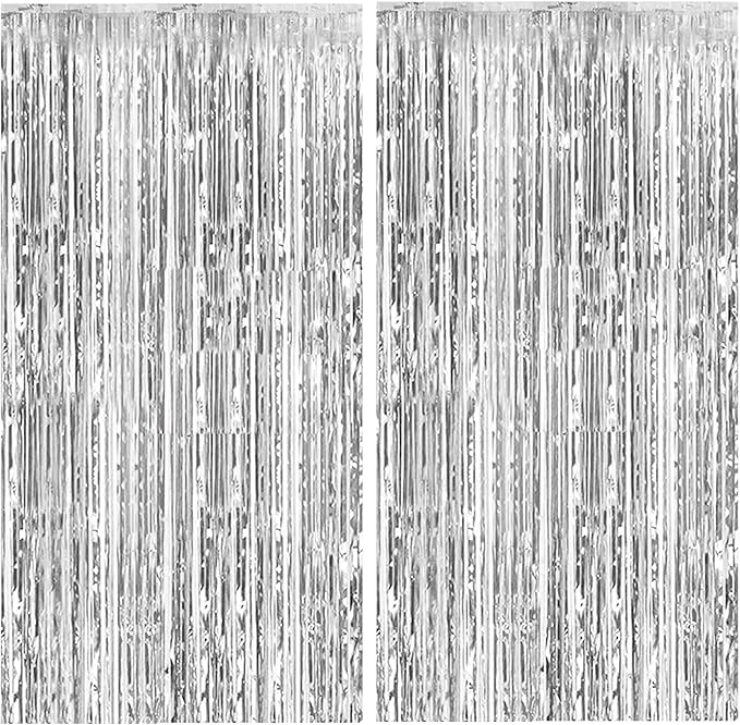 2 Pack Silver Backdrop Curtain Party Decorations Foil Fringe Backdrop Silver Tinsel Streamers Birthday Bachelorette New Year Christmas Wedding Baby Shower Disco Party Decorations
