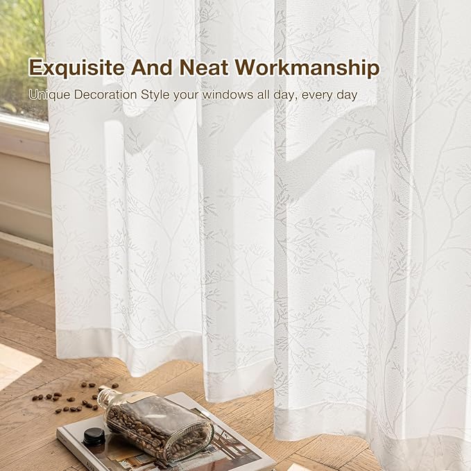 Anmao White Semi Sheer Light Filtering Curtains 102 Inches Long 2 Panels, Branch Pattern Drapes for Living Room Bedroom, Rod Pocket Sheer Window Treatments with Floral Design, 52x102 Inch