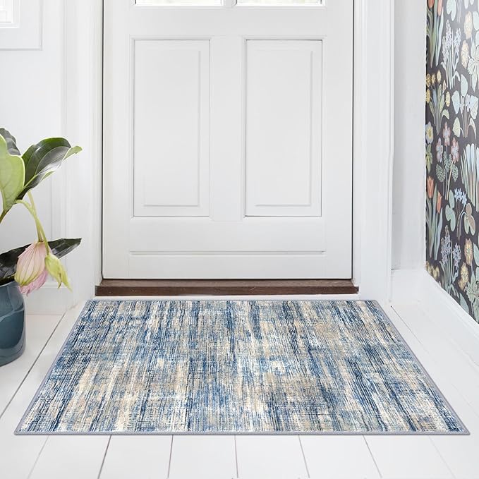 Modern Abstract 2x3 Rugs for Entryway Blue Beige Washable Small Area Rug Non-Slip Ultra Thin Soft Print Striped Low-Pile Indoor Door Mat Floor Carpet for Entrance, Bedroom, Bathroom