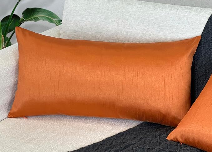 Aiking Home 12x24 Inches Faux Silk Rectangular Throw Pillow Cover, Zipper Closure, Orange (Set of 2)