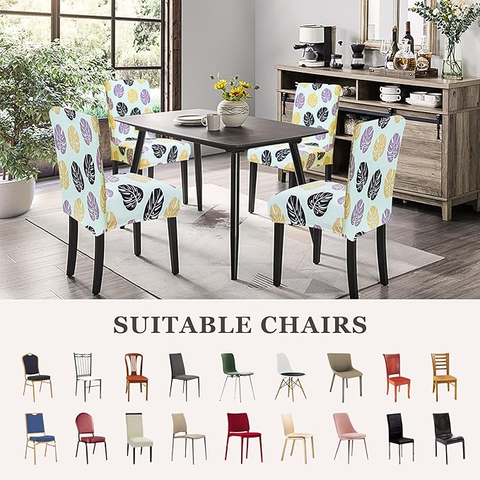 Sufdari Dining Chair Covers,Kitchen Chair Cover,Parsons Chair Slipcover,Spandex Chair Protectors for Dining Room Stretch Chairs Cover Set of 4 -Green Leaves