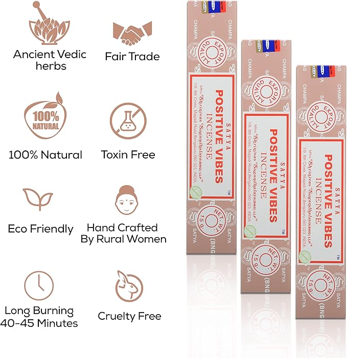 Satya Positive Vibes Incense Sticks, Satya Bng (Bangalore) Insenses 15gmx3 Pack (45 GMS) with Raajsee Incense Holder Bundle, Satya Nagchampa Natural Incense