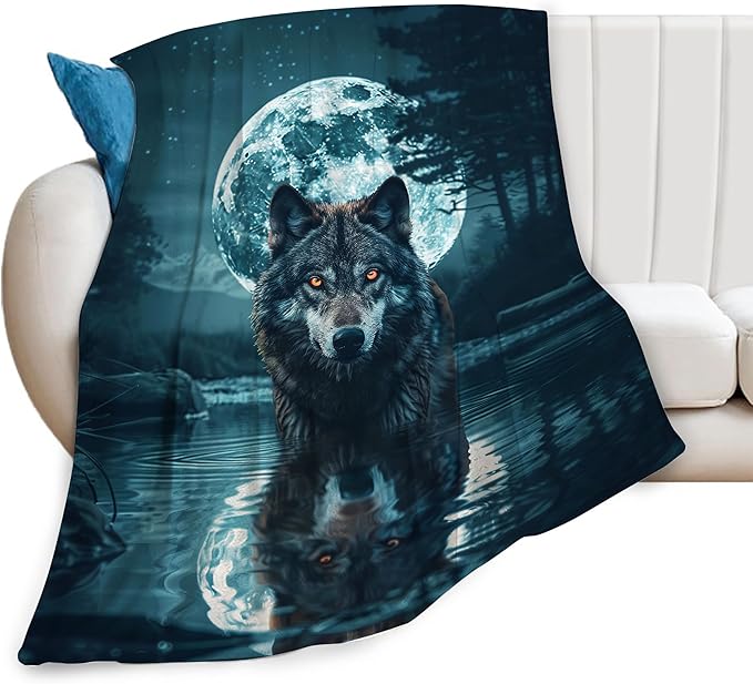 Wolf Moon Decor Blanket - Super Cozy Plush Lightweight Soft Flannel Fleece Cool Blanket Gifts for Wolf Lovers, Girls, Boys, Kids, Women, Men - Sofa, Bed, Couch - 40"X50"