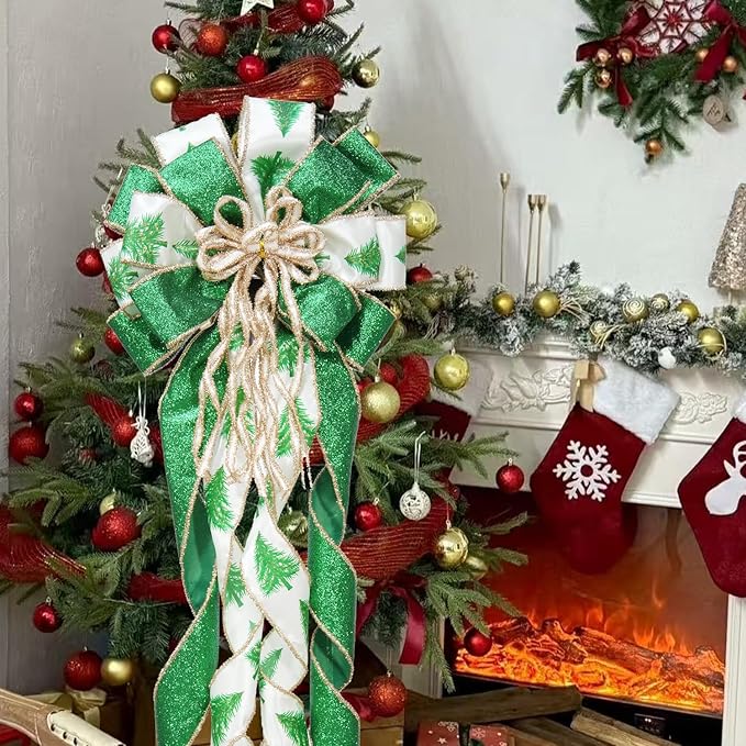 Christmas Tree Topper Bow, 43" Christmas Wreath Bows Green and White Ribbon Ornaments with Tassels Snowflakes and Glitter, Home Decor for Holiday Xmas Decoration Home Parties Wedding Gift