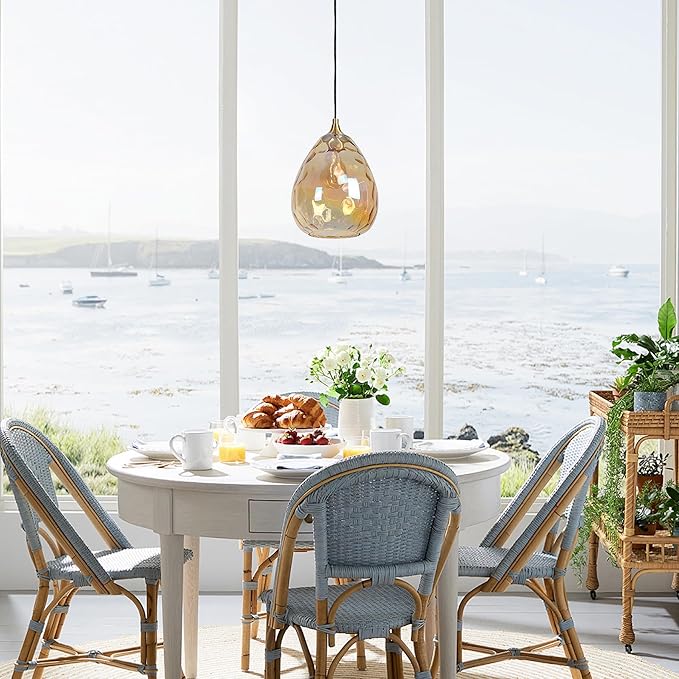 Gold Pendant Lighting with Amber Hammered Glass Shade, 1-Light Art Deco Hanging Lamp for Kitchen Island, Dining Room, Bedroom (Amber Glass Shade)