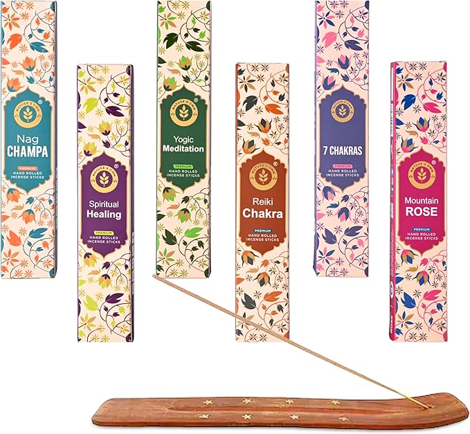 Incense Sticks Gift Pack – 6 Fragrances x 20 Sticks Each, Hand Rolled Insents with Incense Holder – Nag Champa Spiritual Healing Yogic Meditation Mountain Rose Reiki Chakra 7 Chakras