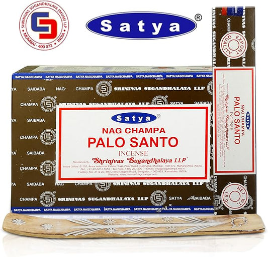 Satya Palo Santo Incense Sticks, Satya sai Baba Insenses 15gmx12 Pack with Raajsee Incense Holder Bundle, Satya Nag Champa Natural Incense