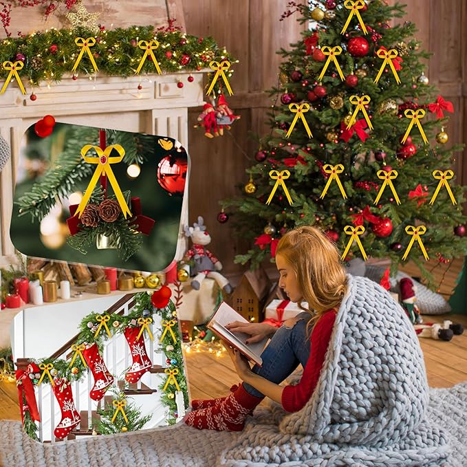 12 Pcs Gold Metal Bow Ornaments with Red Gem – 3.4x5.6 Clip-On Christmas Tree Bows, Elegant Gold Bow Decorations for Wreaths, Garlands, Weddings, Parties & Home Decor