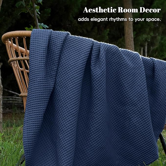 PHF 100% Cotton Waffle Weave Blanket King Size for Bed,Snag Proof Lightweight Breathable Throw for Couch,Great for Layering in Cold Weather,Machine Washable,Home Decor Gift-Navy Blue/Bright Blue