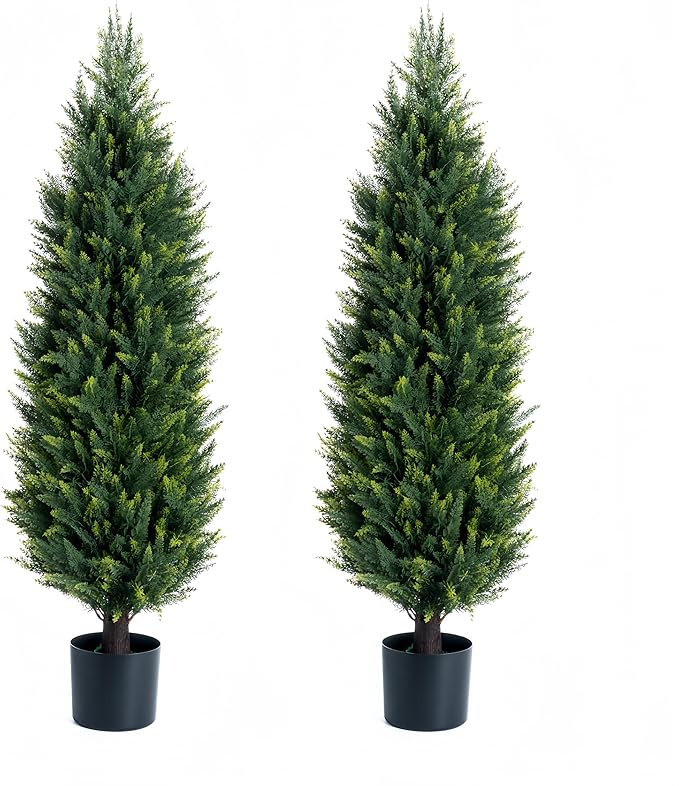 Artificial Cedar Topiary Trees, Set of 2 Lifelike Faux Pruned Cypress with Heavy-Duty Planters – UV-Resistant Outdoor Artificial Shrubs for Indoor/Outdoor Decor (40 Inches)
