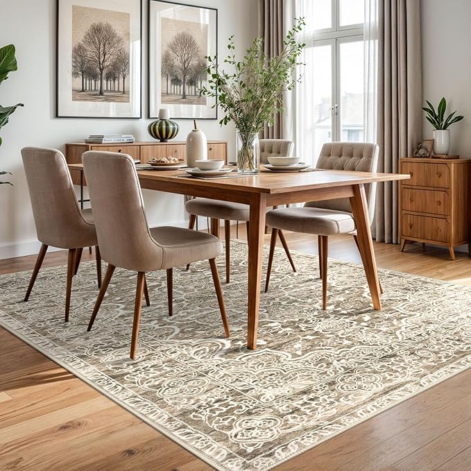 KUTA Vintage Area Rug 5x7 Beige Brown, Washable Rugs for Living Room Soft Non-Slip Printed Distressed Tribal Traditional Farmhouse Carpet for Bedroom Dining Room Dorm Office Home Decor