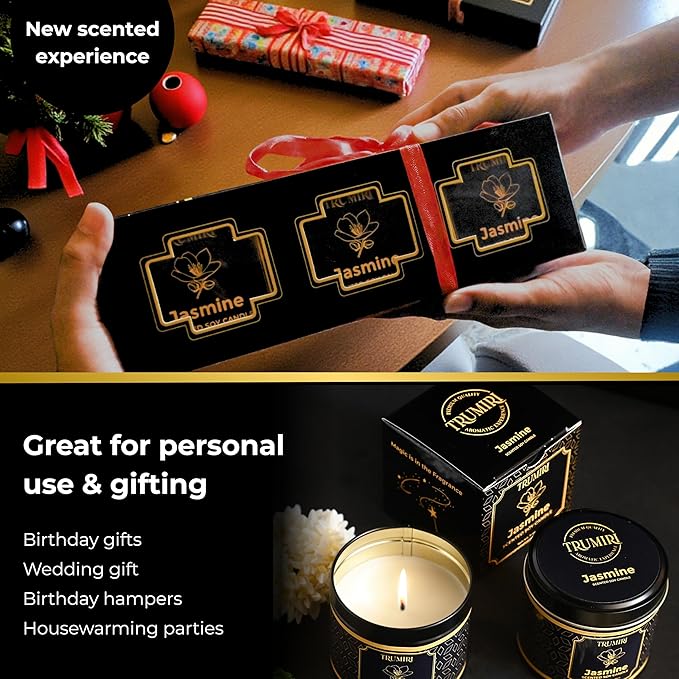 Jasmine Candle Strong Scented Soy Candel Clean Non Toxic Velas Aromáticas for Women Gift for Diwali Pack of 3 5Oz Decorative Tin Jars with Lids