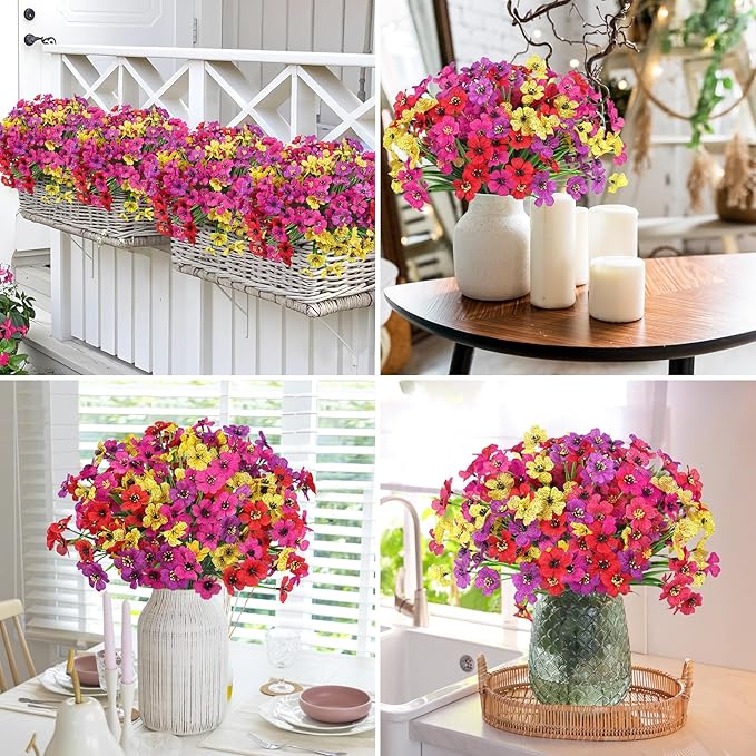 Ouddy Decor 24 Bundles Artificial Flowers for Outdoors Fake Silk Flowers UV Resistant Faux Plastic Plants for Indoor Outdoor Vase Box Garden Porch Window Box Home Spring Summer Decor, Multicolor