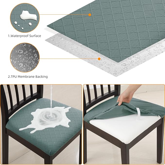 Fuloon Waterproof Seat Cushion Covers 4 PCS, Stretch Jacquard Chair Seat Covers Washable Dining Room Chair Slipcovers Removable Kitchen Cushion Protector (4, Waterproof-Dark Green)