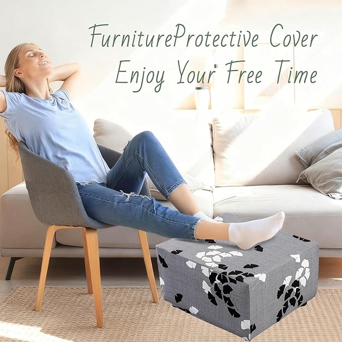 HAOYONG Ottoman Cover Square, Stretch Ottoman Slipcover Printed, SoftFoot Stool Cover Protector with Nonslip Elastic Bottom Removable Washable