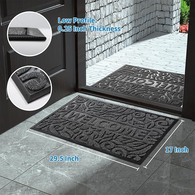 Yimobra Welcome Mat Outdoor 29.5x17, Waterproof Non-Slip Outdoor Mats for Front Door Outside Entrance, Low-Profile Entryway Mat Indoor for Garage Patio, Grey