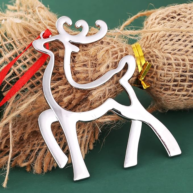 Set of 6 Hanging Ornaments, Silver Christmas Ornament for Xmas Tree Decor, Reindeer Christmas Tree Ornament Gift Holiday Party Supplies