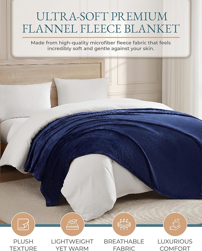 Casa Platino King Blanket – Navy Fleece Throw 108x90 – Soft and Lightweight Flannel Blanket for Bed, Couch or Guest Room – Year-Round Warmth