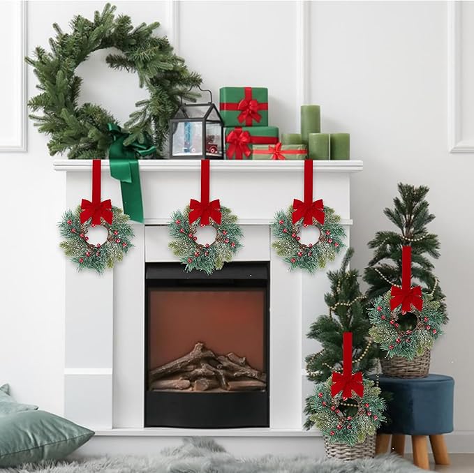 Sggvecsy 6 Pcs Christmas Candle Rings Norfolk Pine Wreath Table Centerpieces Artificial Red Berries Pinecones Small Wreaths Kitchen Cabinets Pillars Mini Candle Rings for Window Front Door Decor