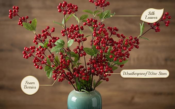 5 Pcs Artificial Holly Berries 30.7" - Christmas Tree Decorations, Realistic Red Berry Stems for Wreaths & Holiday Centerpiece