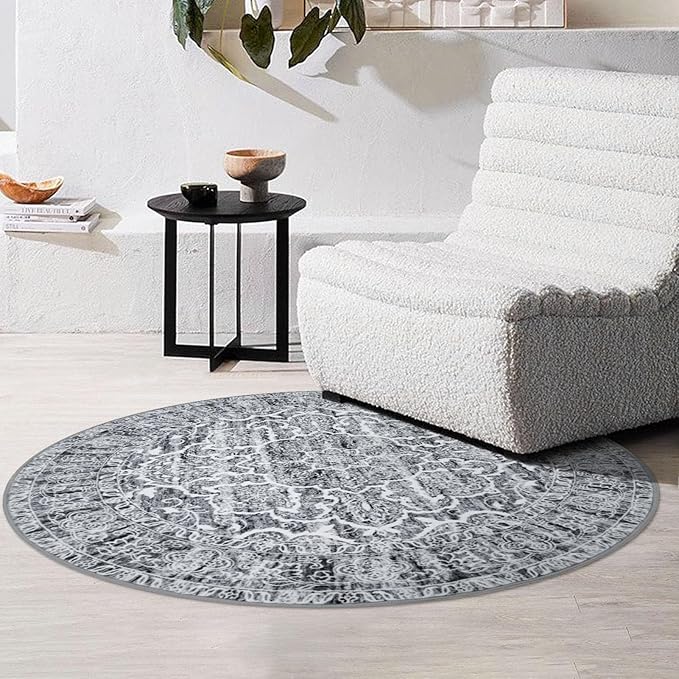 KUTA Vintage Round Rug 3ft, Washable Boho Indoor Small Area Circle Rugs, Grey Blue White Non-Slip Printed Medallion Carpet for Entryway Kitchen Dining Room Table Living Room