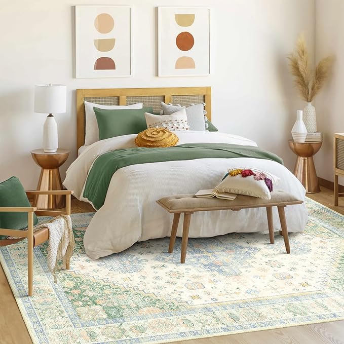 MUJOO 8x10 Area Rugs,Washable Rugs for Living Room Dining Room Bedroom,Large Boho Throw Carpet,Non Slip Big Indoor Low Pile Light Green and Blue