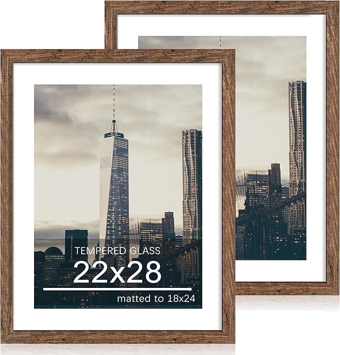 22x28 Picture Frame Set of 2, 22 x 28 Wood Poster Frames with Mat for 18x24, Wooden Photo Frames with Tempered Glass Cover for Wall Display, Rustic Brown