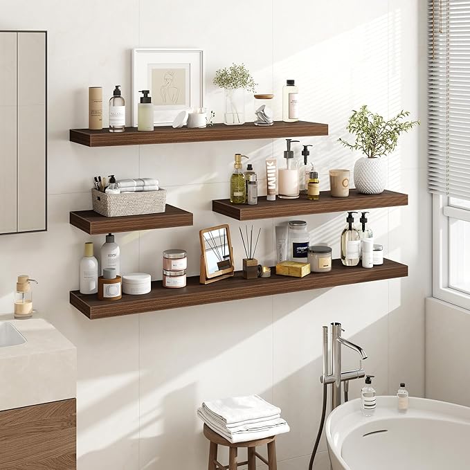 36 Inch Floating Shelves, 36"x9.25"x1.5" Inch Deep Floating Shelves for Wall, Wooden Shelves for Bathroom, Bedroom, Living Room, Walnut, 2 Pieces