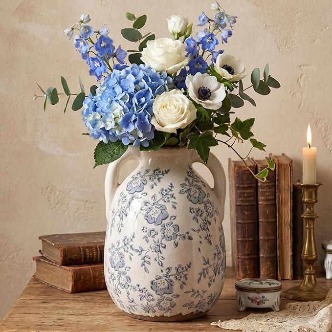 Vintage Chinoiserie Blue and White Ceramic Vases Decor 7” Retro Ice Crackle Hand-Painted Peony Ceramic Pitcher Antique Style Home Decor (7.5 Inch Blue and White)