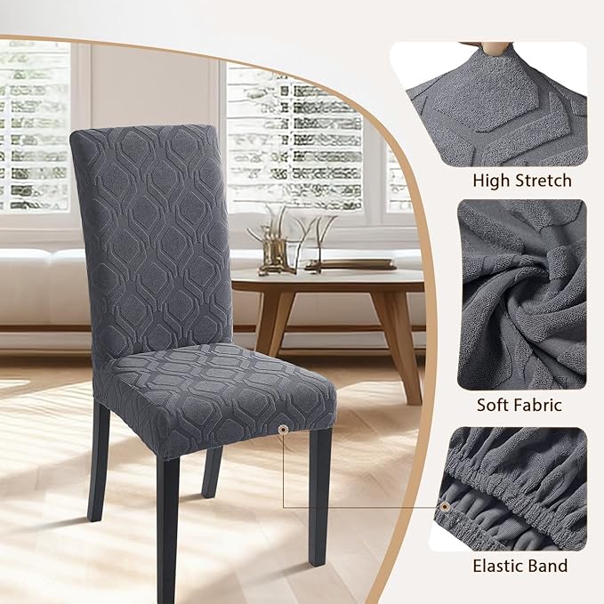 SearchI Dining Room Chair Covers Set of 4, Stretch Jacquard Parsons Chair Slipcovers Spandex Removable Washable Kitchen Chair Protector Cover for Dining Room, Hotel, Ceremony (Grey)