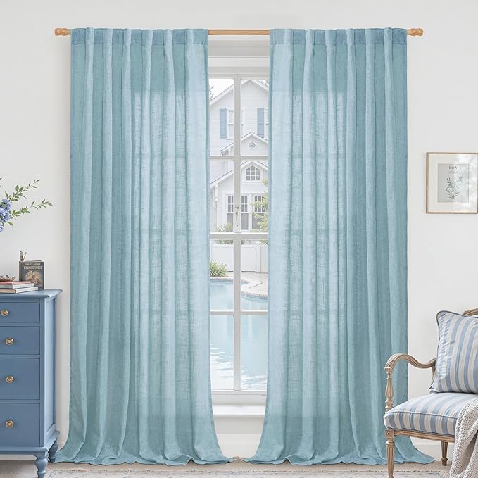 LAMIT 102 Inches Long Linen Curtains for Living Room, Back Tab and Rod Pocket Semi Sheer Curtains Light Filtering Farmhouse Drapes for Bedroom/Dining Room, Stone Blue, Set of 2, 52 x 102 Inch