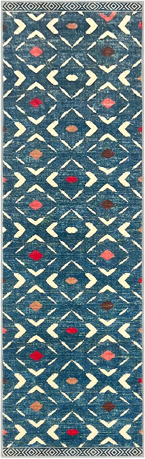 KILOCOCO Hallway Runner Rug 2.6'x10' Runners for Hallways Washable Runner Soft Non Slip Printed Geometric Low-Pile Rugs Runners for Bedroom Kitchen Living Room Boho Rugs, Teal/Blue