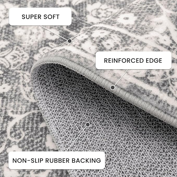 Vintage Washable 2x5 Rug Runner, Gray Ivory Runners for hallways, Super Soft Kitchen Runner Rug Non Slip, Print Faux Wool Floral Thin Carpet Runner for Entryway Indoor Bedroom