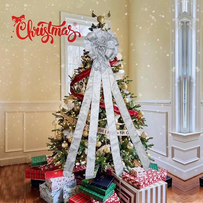 Christmas Tree Topper Bow, 43" Christmas Wreath Bows Silver and White Ribbon Ornaments with Tassels Snowflakes and Glitter, Home Decor for Holiday Xmas Decoration Home Parties Wedding Gift