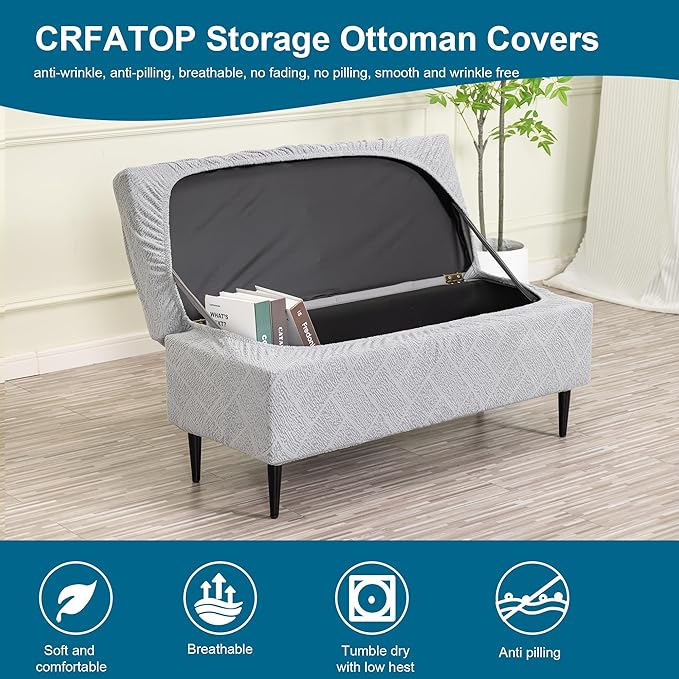 CRFATOP Jacquard Ottoman Stool Cover Stretch Folding Storage Footstool Bench Slipcovers Upholstered Foot Chest Chair Covers Washable Entryway Furniture Protector with Elastic Bands,L,Light Grey