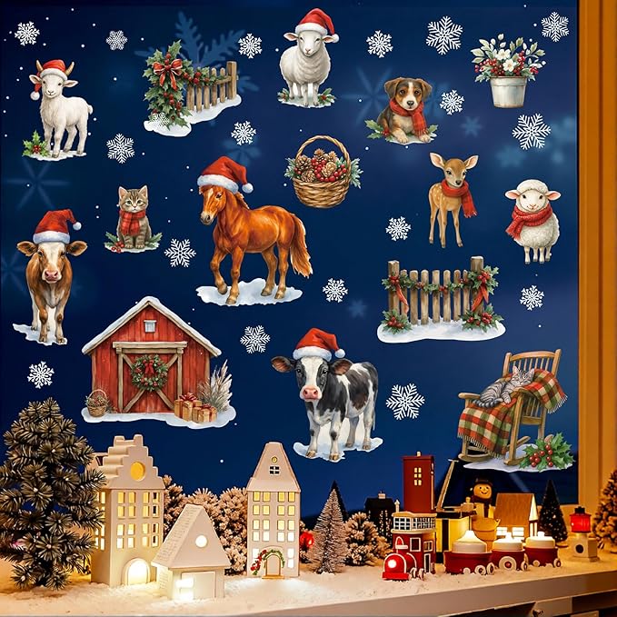 Merry Christmas Window Cling,Christmas Farm Animals Window Sticker,Xmas Farm Animals Wall Decal,Xmas Farmhouse Hourse Cows Sheep Dog Cat Wall Sticker for Glass Winter Party Home Living Room