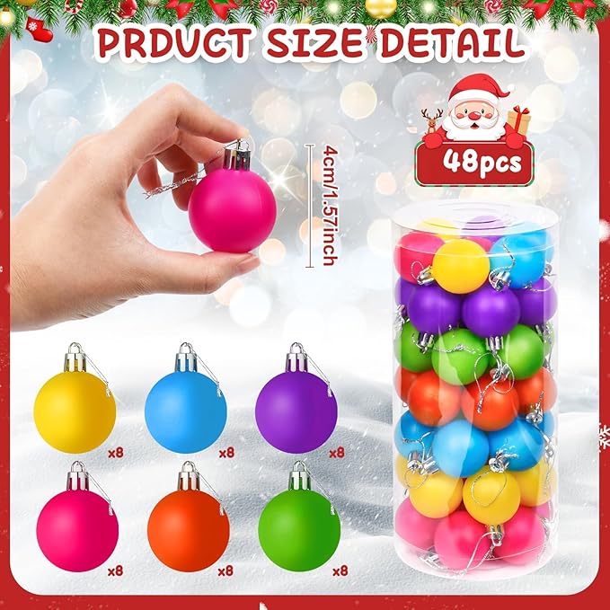 48 PCS 1.57 Inch Mini Neon Color Christmas Ball Ornaments Living Room Garden, Shatterproof Christmas Tree Ornament Set Small Ball Pendant for Xmas Party Supplies