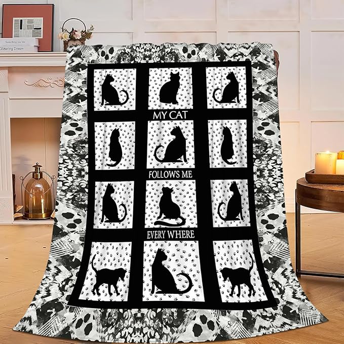 Black Cat Blanket Cat Paw Decor Throw Blanket Super Warm Soft Plush Lightweight Fleece Flannel Black and White Blanket Gifts for Girls Baby Kids Women Boys for Winter Couch Bedding 40"X50"