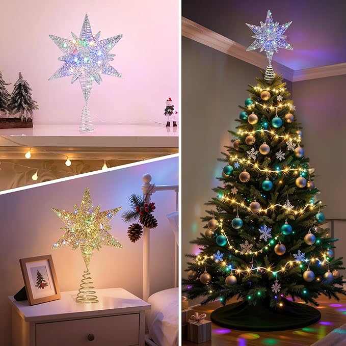 Lewondr Christmas Star Tree Topper, USB Powered Remote Controlled 11 Inch Multilayer Hexagonal Tree Topper Christmas Decor with 8 Light Modes for Home Holiday Xmas, Timer Function, Colorful, Gold
