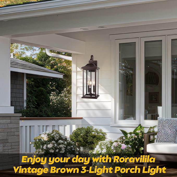 3-Light Extra Large 23” Outdoor Light for House Oil Rubbed Bronze, IP65 Waterproof Brown Exterior Light Fixture with Clear Tempered Glass Outside Wall Mounted Lamp Front Porch Light, E12