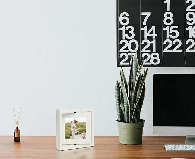 4x4 Double-Sided Rotating Floating Square Picture Frames (2 Pack, White), Solid Pine Wood with Real Glass for Horizontal Vertical Standing Display Desk Tabletop Photo Frames
