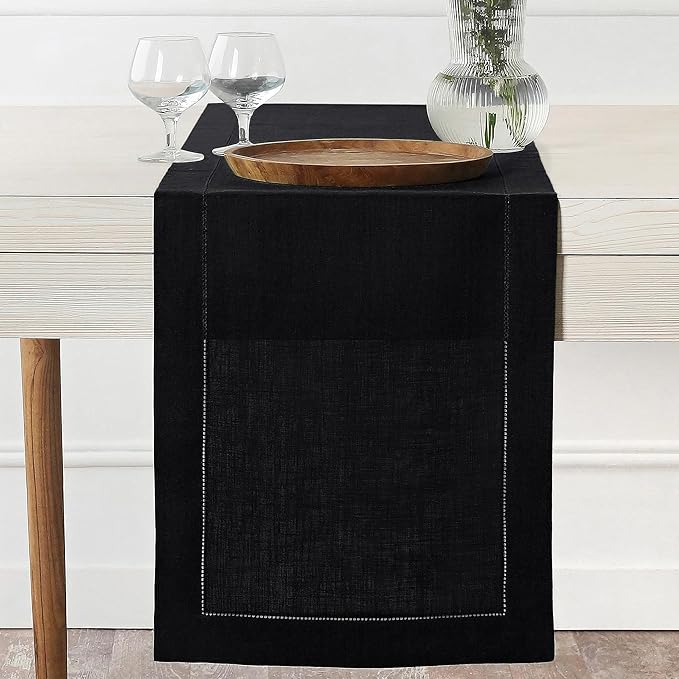 D'Moksha Homes Linen Black Table Runner 120 Inches Long - 100% Pure Linen Hemstitch 14 x 120 Inch Table Runner for Dining, Spring, Easter - Classic Hemstitch